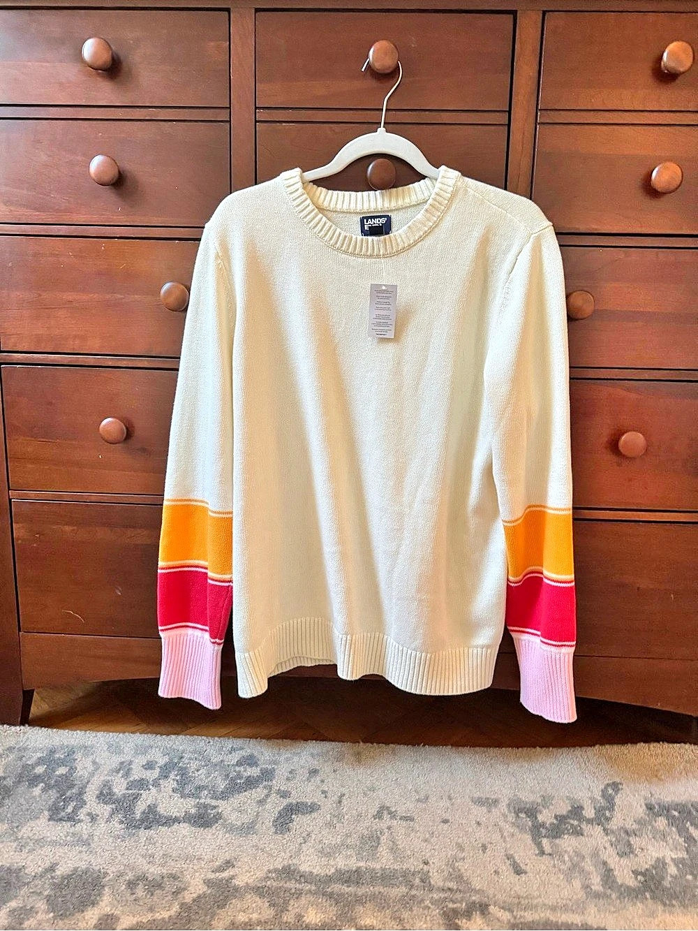 Lands' End Drifter Color-Block Crewneck in ice cream colors: cream, orange & red